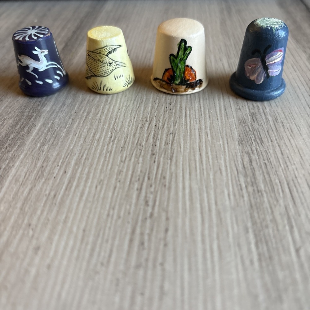 Vintage Lot of 4 Wooden Thimbles Hand Painted Rare Sewing Collectibles